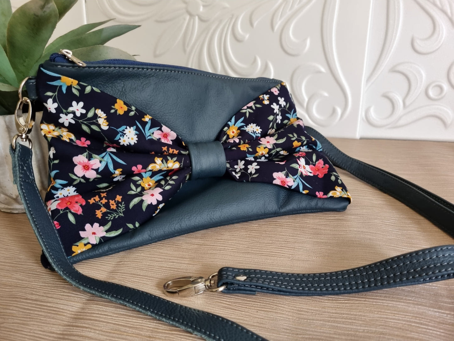 #006 - Navy & Floral- Genuine leather 3 in 1