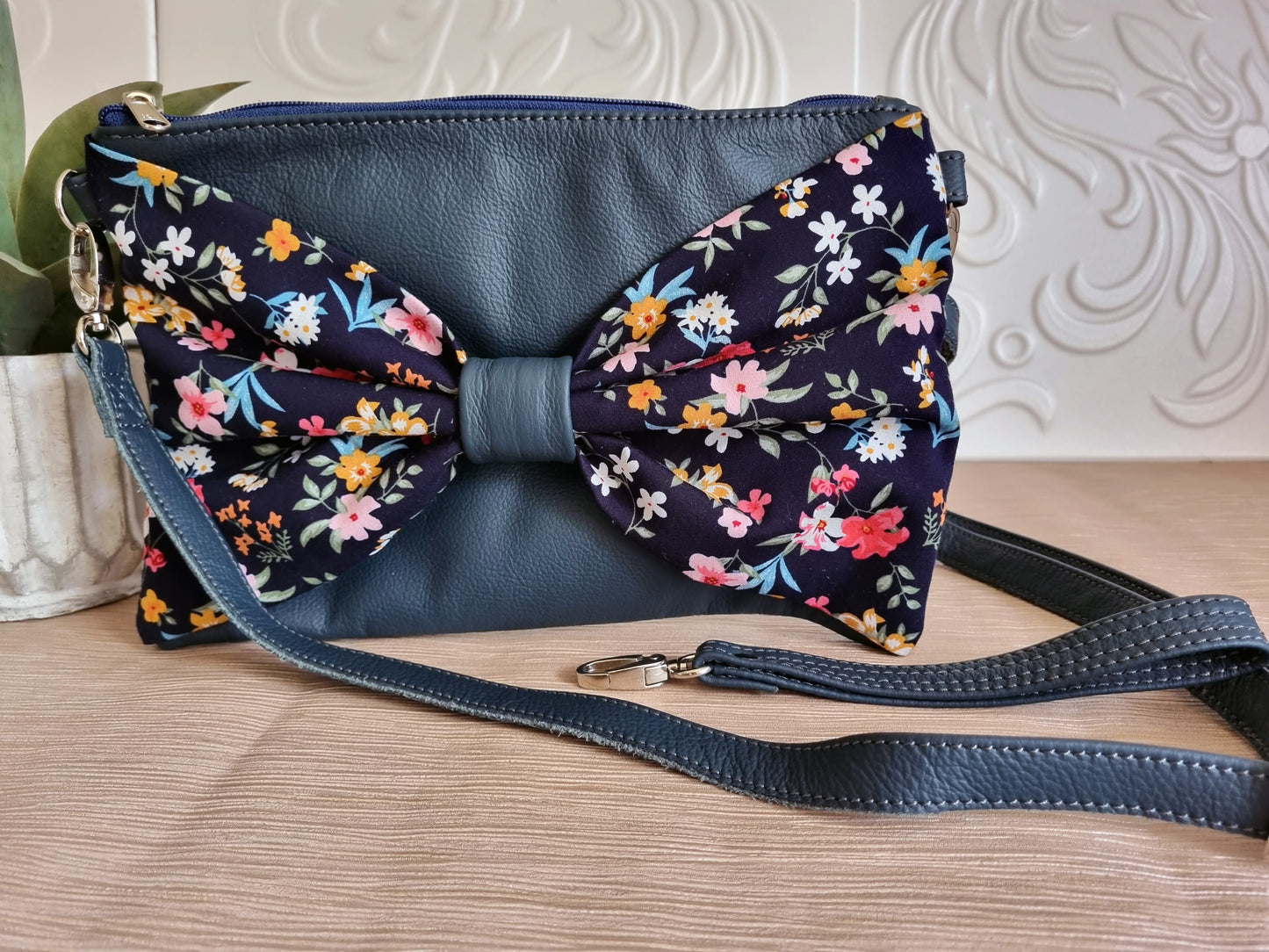 #006 - Navy & Floral- Genuine leather 3 in 1