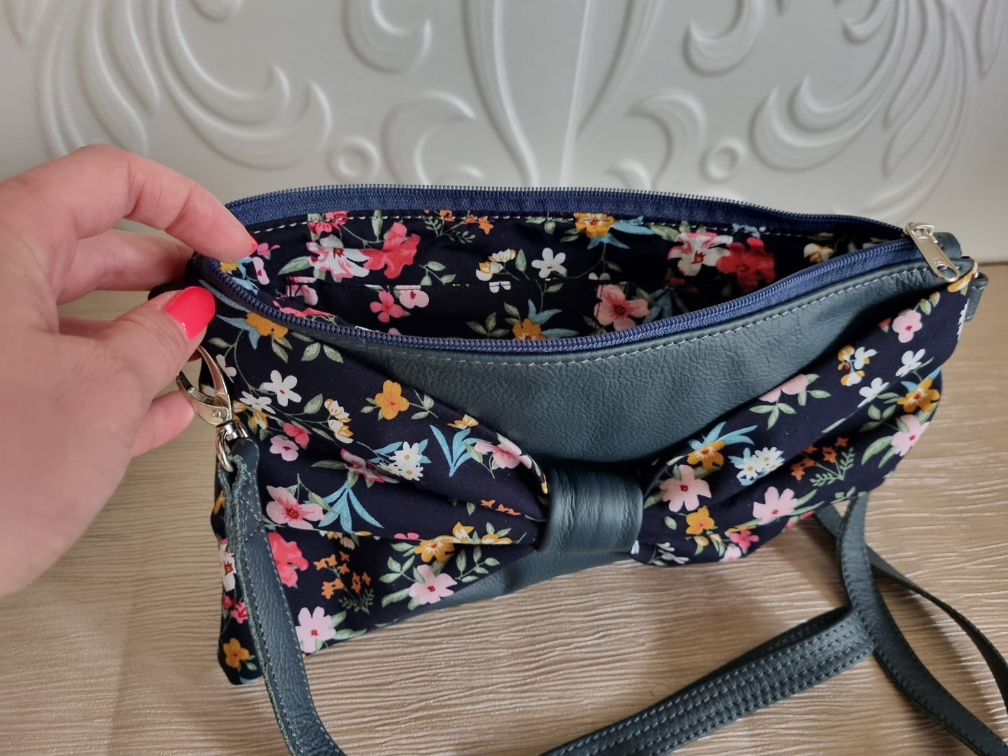 #006 - Navy & Floral- Genuine leather 3 in 1